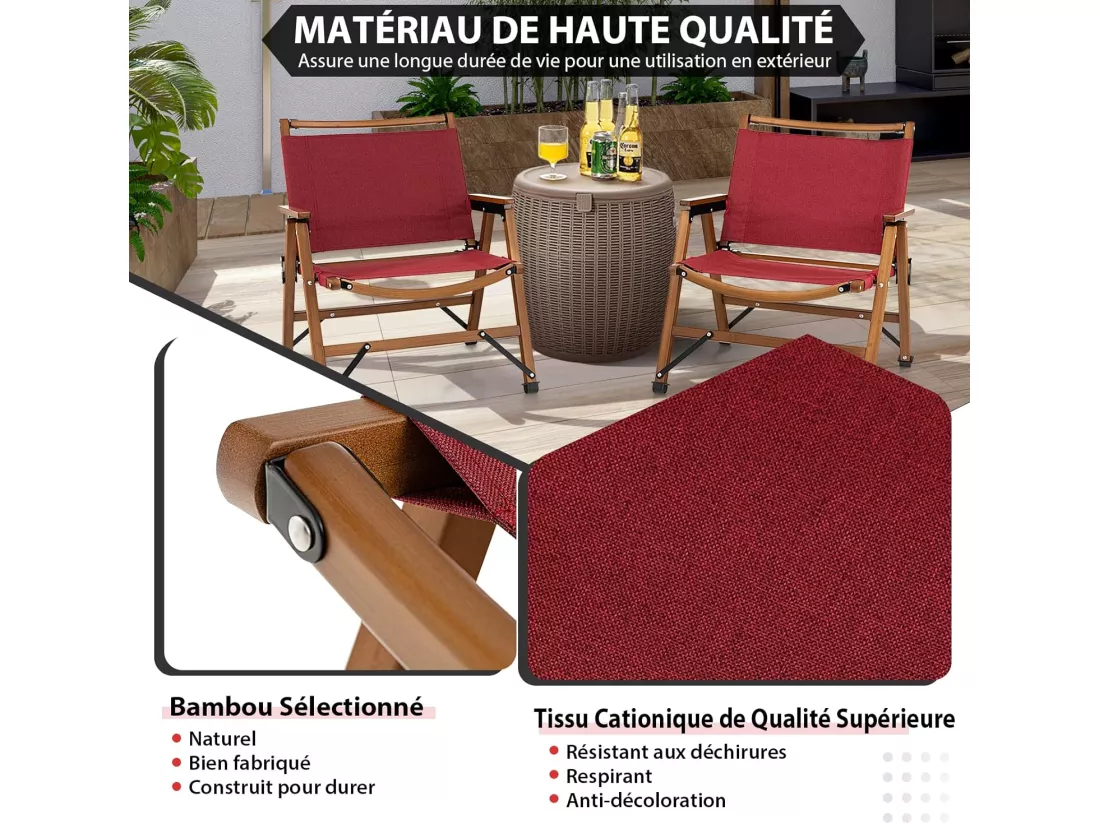 Chaise de CamBoisg Pliante Charge 150KG avec Cadre en Bambou Massif/Chaise Pliante d'Extérieur avec Accoudoirs Hauteur d'Assise 34CM-Idéal pour CamBoisg Pêche Pique-Nique-Rouge