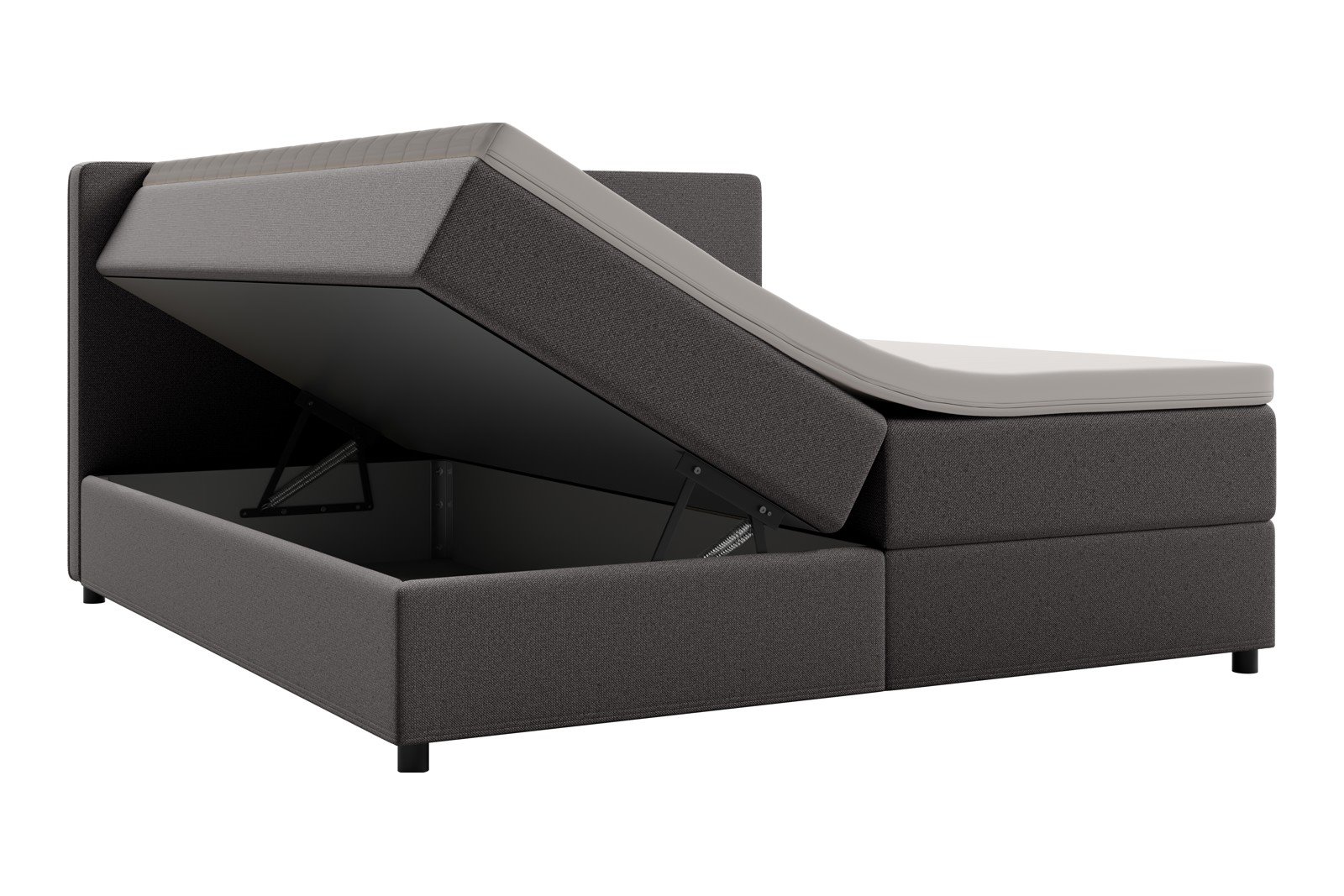 Premium 10 oppbevaringsseng 180x200 cm Magasinseng med oppbevaring, åpnes fra siden. I tekstil storm 97 grå, med medium fasthetsgrad og premium 10 overmadrass,sorte ben. Sengegavl selges separat.