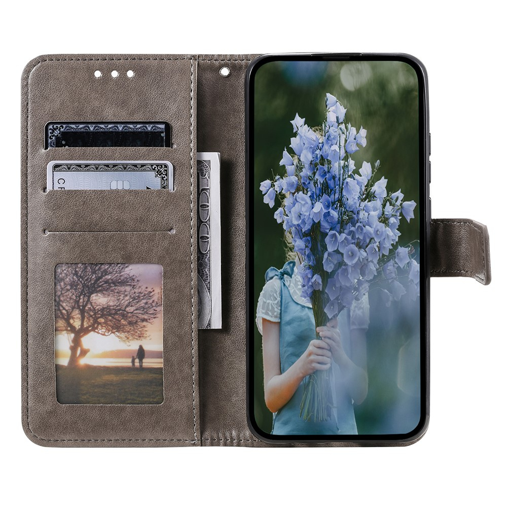Samsung Galaxy A55 Leder Tasche Wallet - Mandala Flowers Imprint - Grau