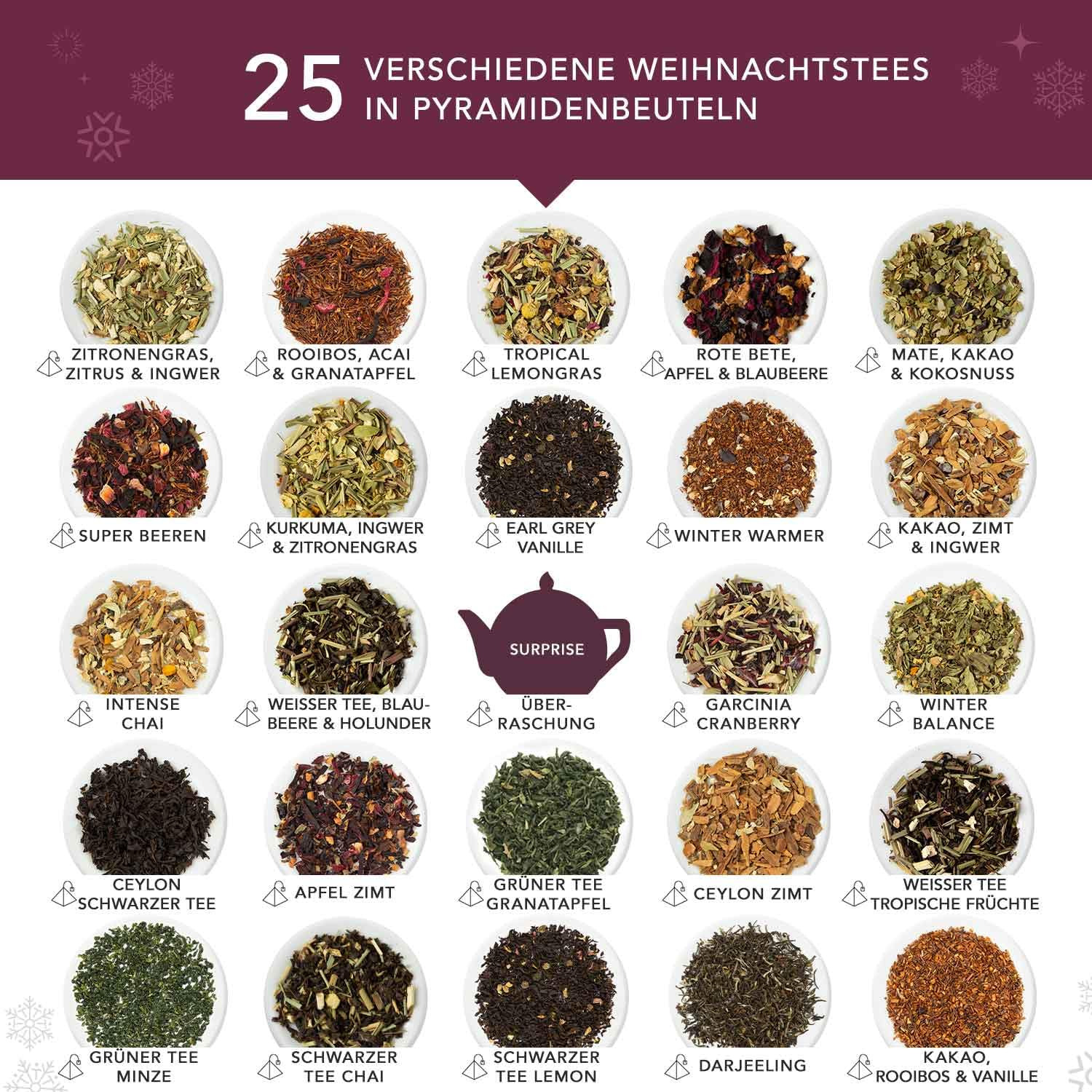 (37x31cm) Mosaik Tee Adventskalender Bio Pyramiden Teebeutel mit 25 Türchen (65357) - Rot