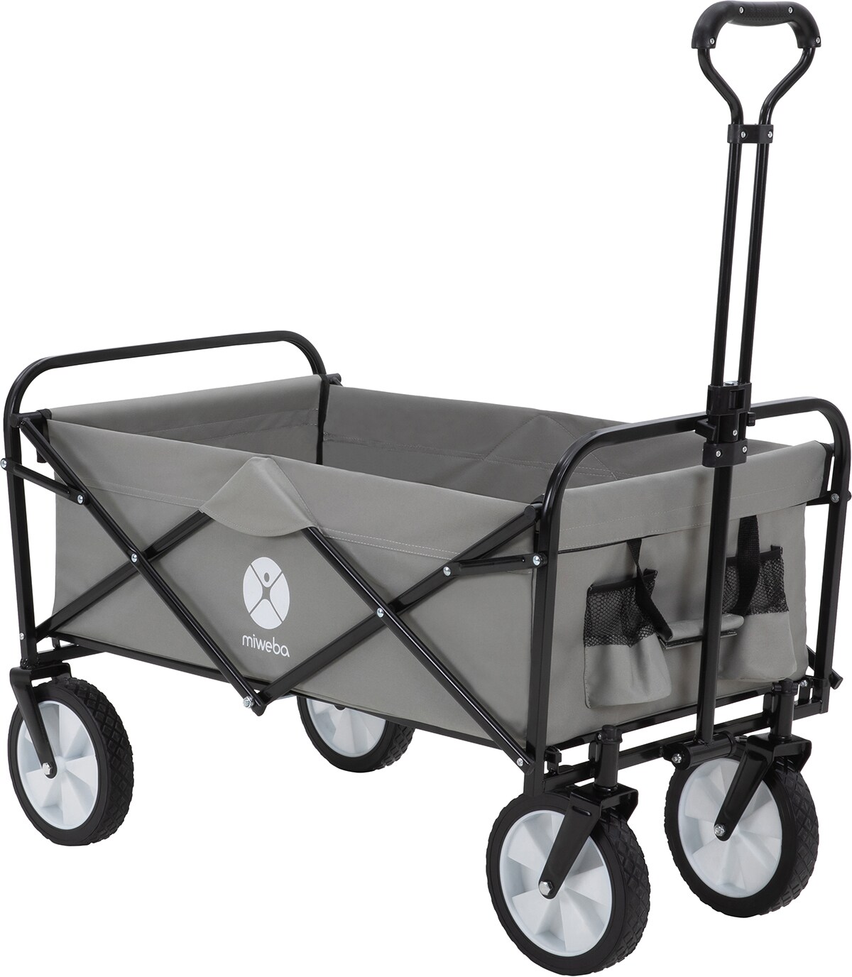 Miweba Bollerwagen MB-35, faltbar, bis 120 kg, Teleskop-Lenkstange, 360°-Räder, Tasche, Stahlrahmen (Grau)