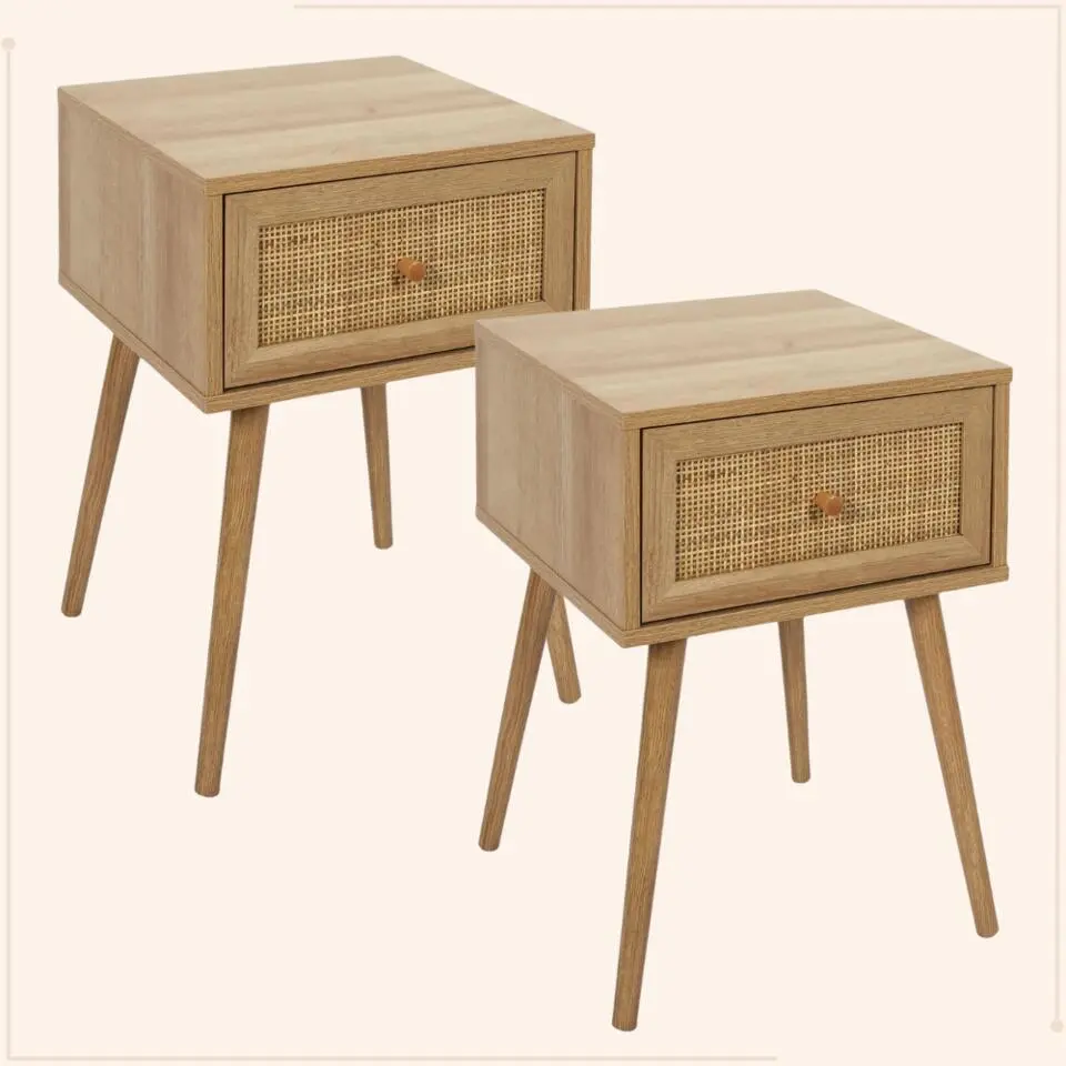MISOU Nachtkastje Met Lade Set van 2 Rotan Webbing Hout