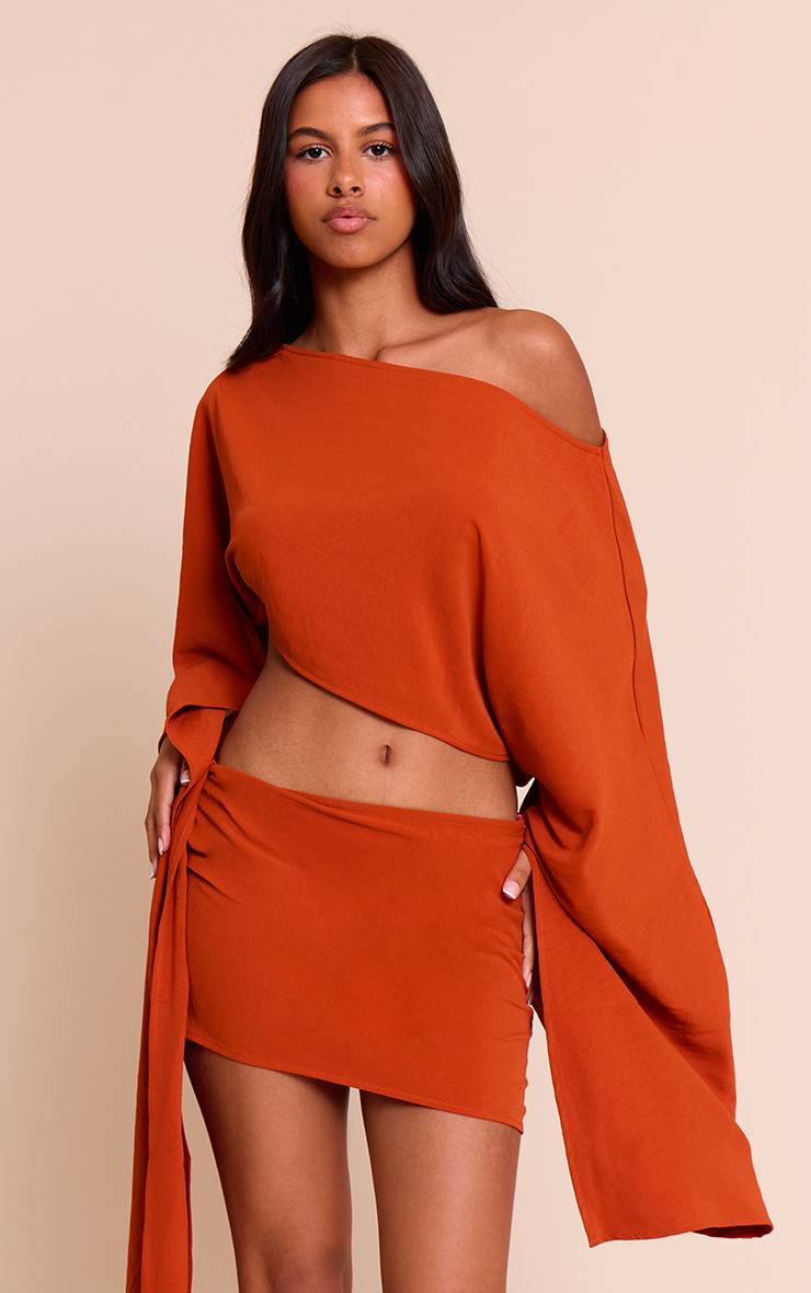 Rouille Mini-jupe Coordonnée Fluide À Nœud Latéral Petite Taille