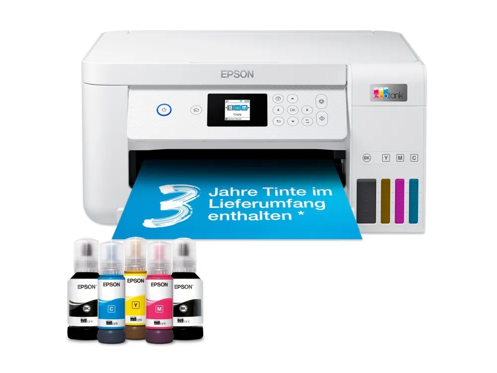 Epson EcoTank ET-2856 - Multifunktionsprinter - farve - blækprinter - kan genopfyldes - A4 (medie) - op til 10.5 spm (udskriver) - 100 ark - Wi-Fi, USB - hvid