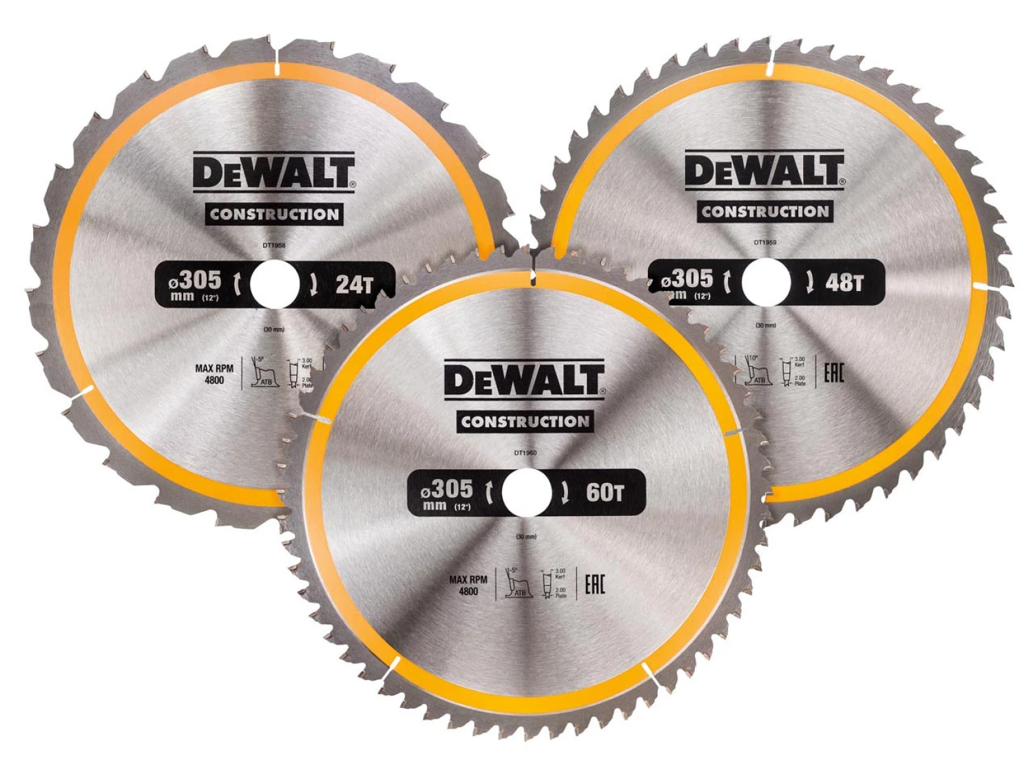 DeWALT DT1964 3 delige Cirkelzaagbladen set - 305 x 30 x 24t / 48t / 60t - Hout