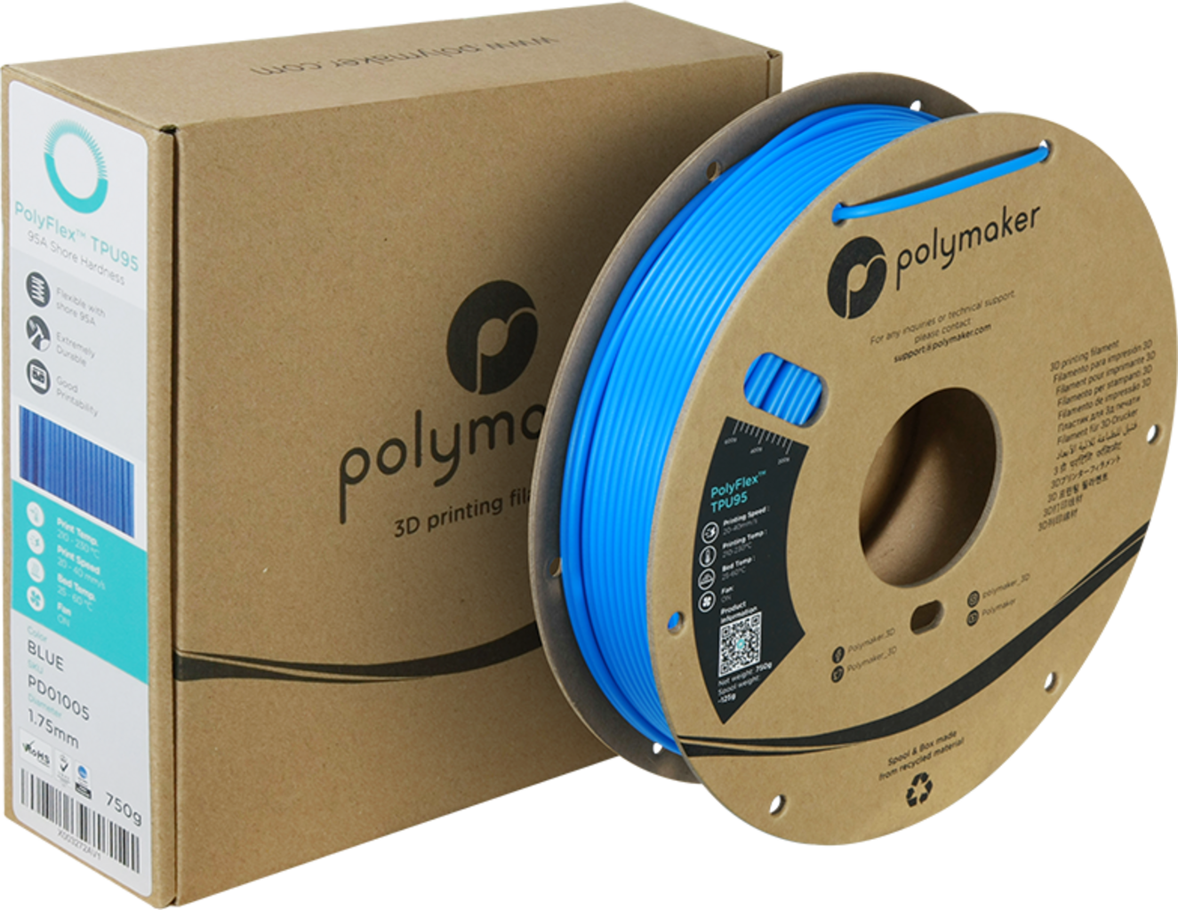 Polymaker  PolyFlex TPU95 Blau, 1,75 mm (750 g)    Blaues flexibles Filament einfach zu verarbeiten