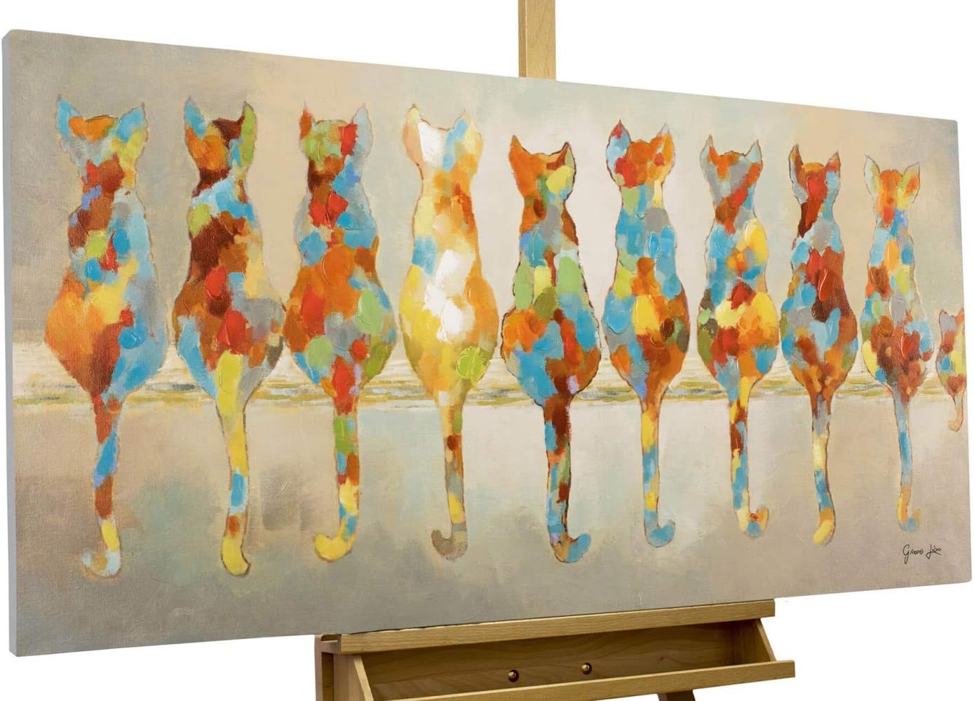 KunstLoft Leinwandbild | 100% HANDGEMALT | 120x60cm | Gemälde 'Wartende Grazien' | Katze | Bunt | Wandbild Wohnzimmer