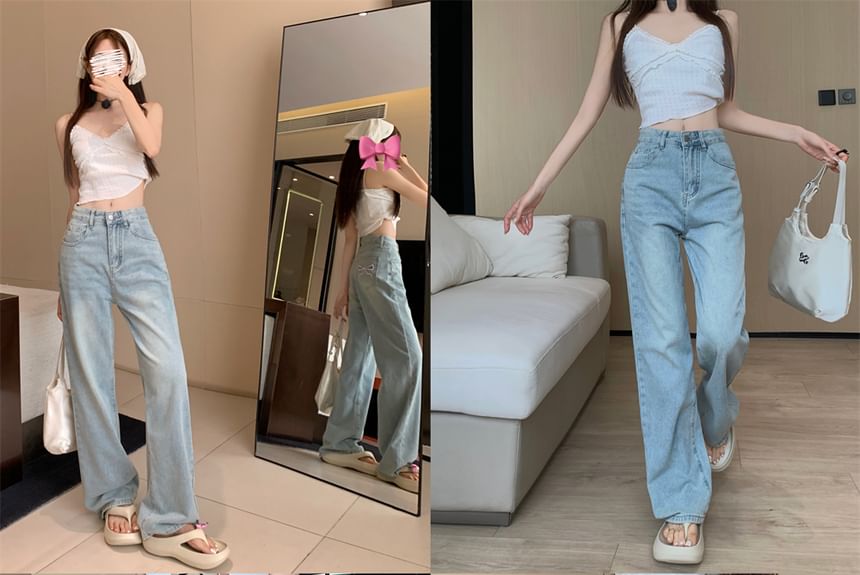 OUREA - Mid Rise Bow Washed Wide Leg Jeans
