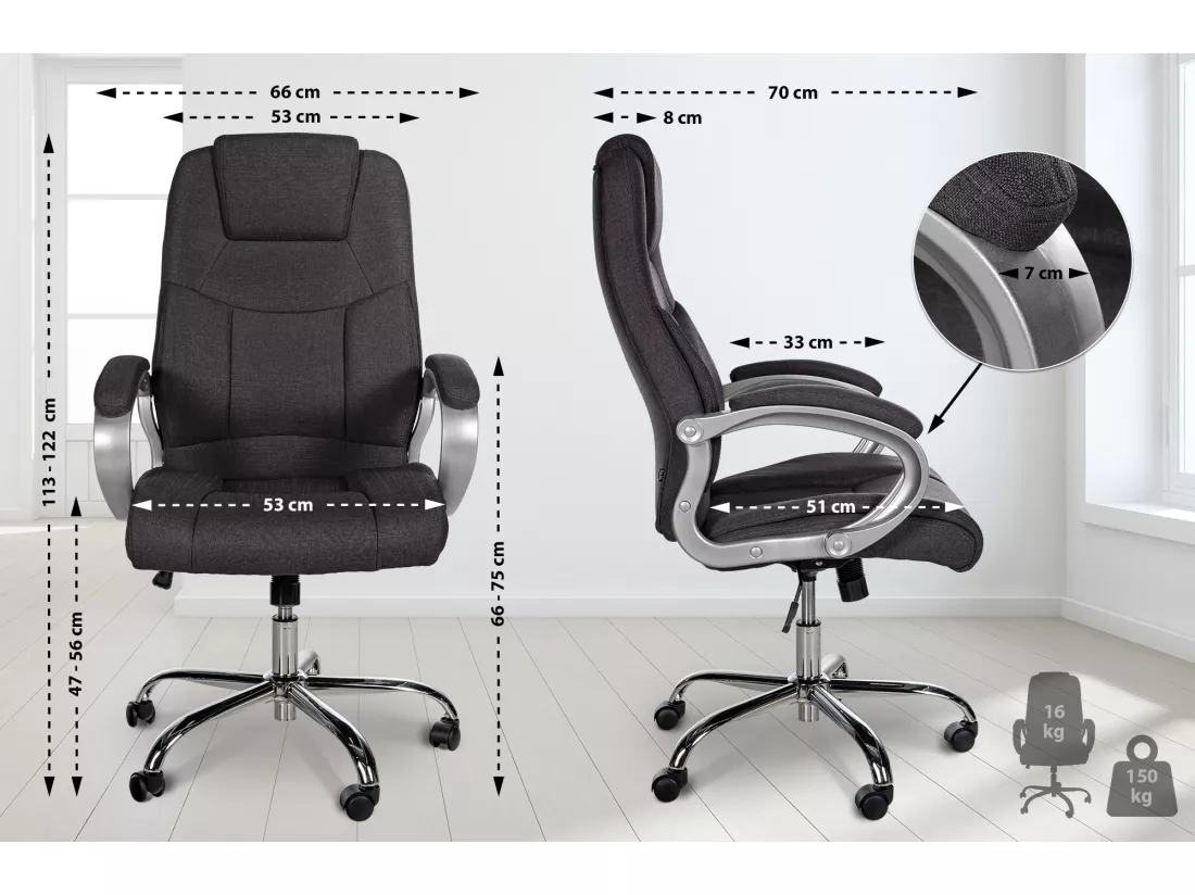Chaise de bureau - Tissu & Métal chromé - Gris foncé - XL Apoll