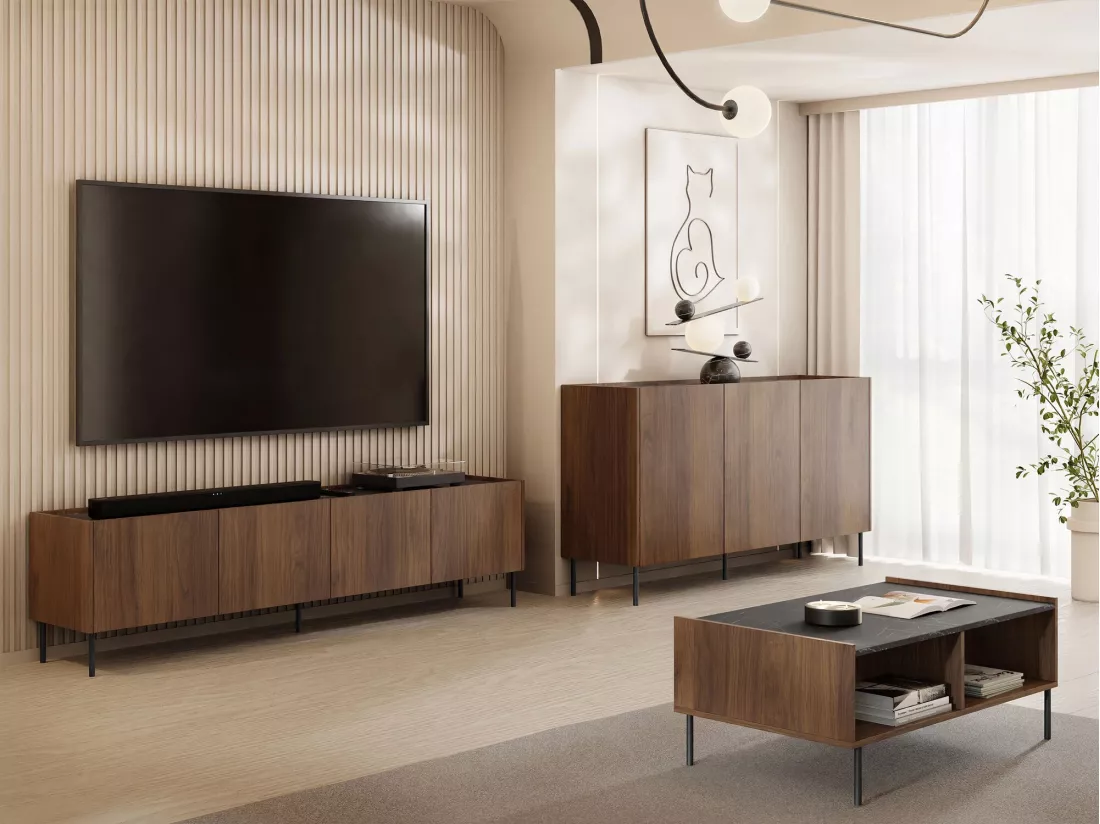 Buffet Comfivo Belviro 100, Noyer|Marbre noir, 78x144x37cm, Stratifié