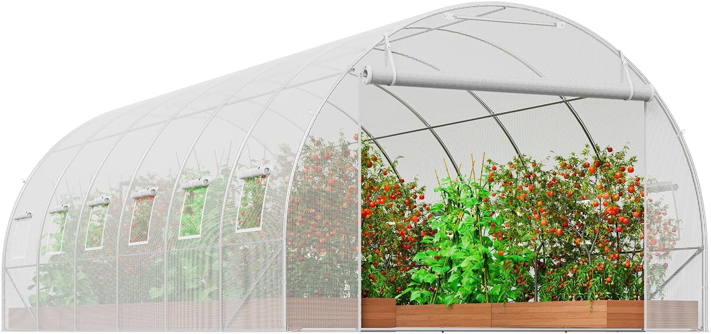VEVOR Folien-Gewächshaus, 590 x 295 x 198 cm, Tomatengewächshaus, Treibhaus mit verzinktem Stahlrahmen, grüner PE-Abdeckung, aufrollbarer Reißverschlusstür und 12 Fenstern für den Außenbereich, Weiß