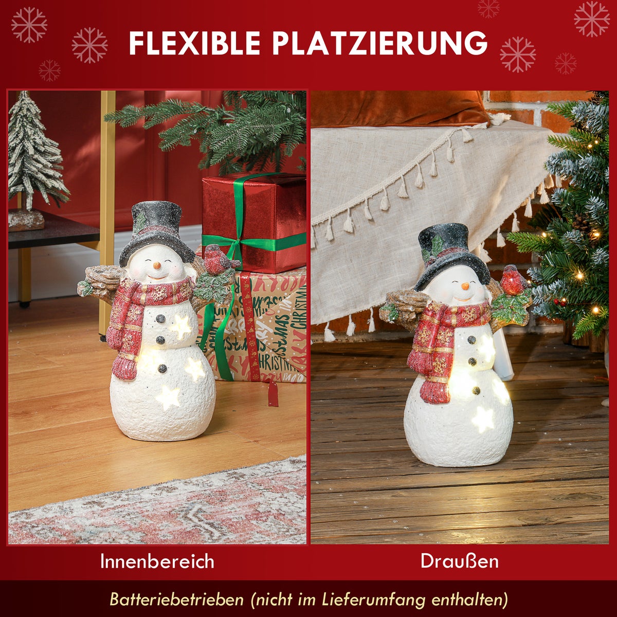 HOMCOM Kerstdecoratiefiguur, sneeuwpop met sjaals, mutsen en vogels, 38 cm Kerstfiguur met LED-licht, decoratief figuur voor Kerstmis, voor binnen en buiten