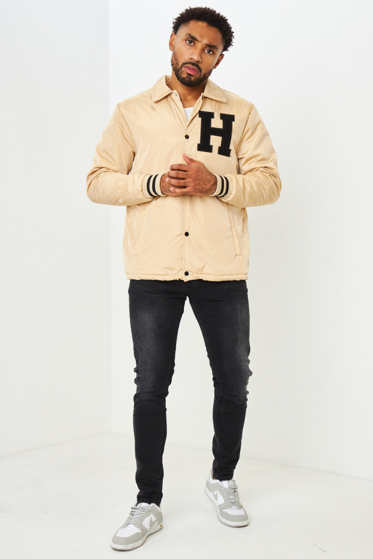 Veste beige foncé à col rabat brodée 
