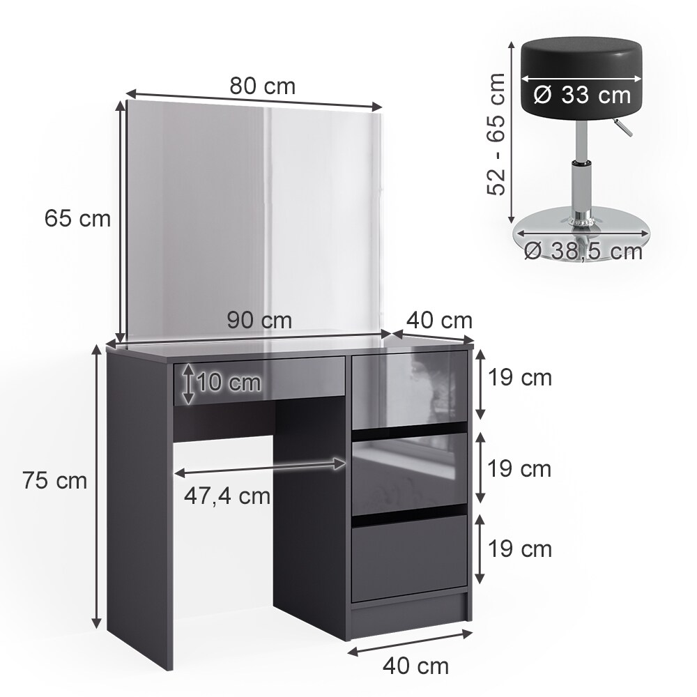 Vicco Schminktisch Sherry Anthrazit Hochglanz 90 x 75 cm Spiegel Hocker modern