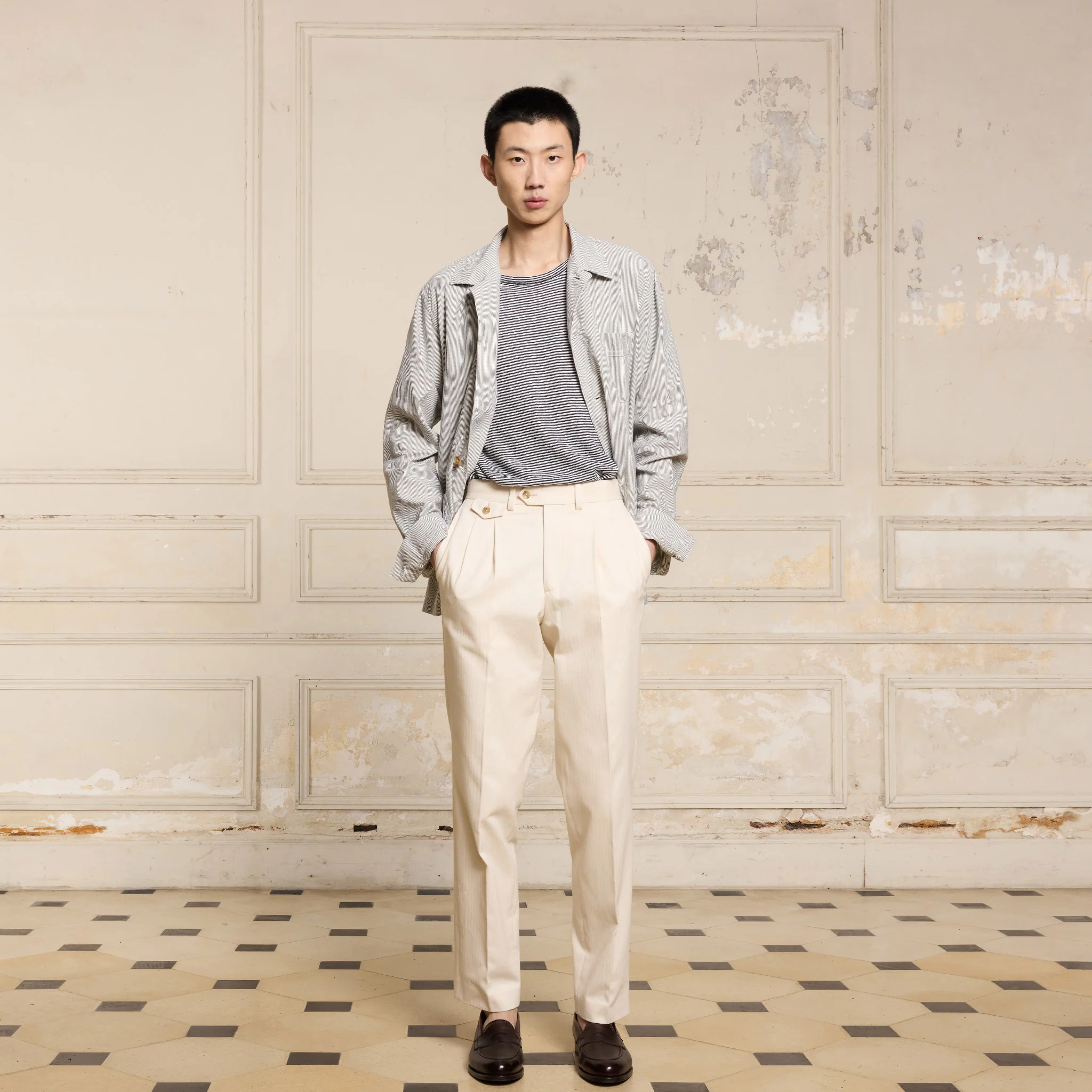 Blue and ecru striped work jacket