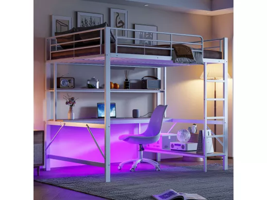 Lit mezzanine 140x200 cm - avec barrières - avec échelle - avec USB et prises - avec lumière LED - avec bureau + étagères à plusieurs niveaux - blanc (sans matelas)