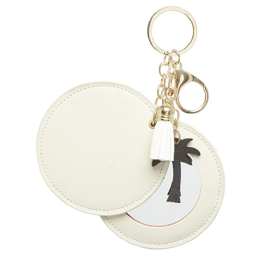 Porte-clé miroir décor palmier avec pompon rose ou beige