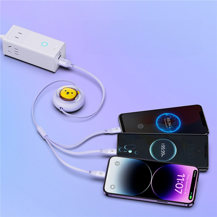 (1.1m) 3.5A 3in1 USB A auf USB C / Lightning / Micro USB Ladekabel Ausziehbares Datenkabel Löwe Design - Lila