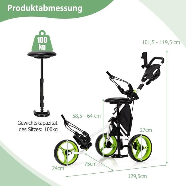 3 hjuls golfvogn laget av aluminium med paraplyholder og sete sammenleggbar golfbil golf caddy green