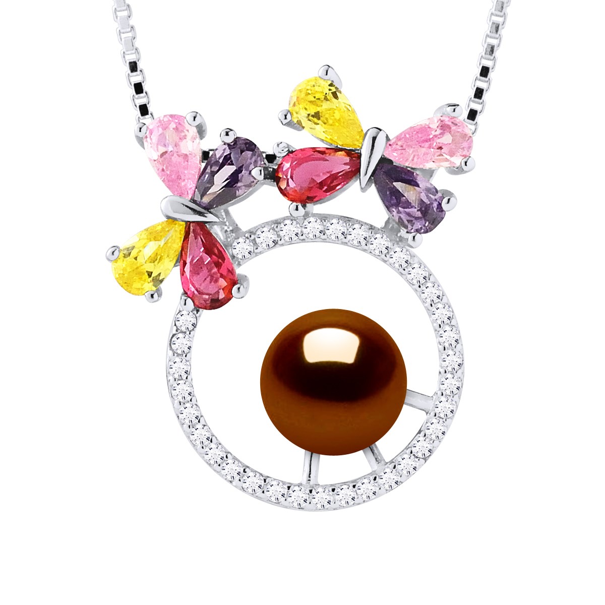 Collier PAPILLONS Perle d'Eau Douce Ronde 8-9 mm Chocolat Argent 925