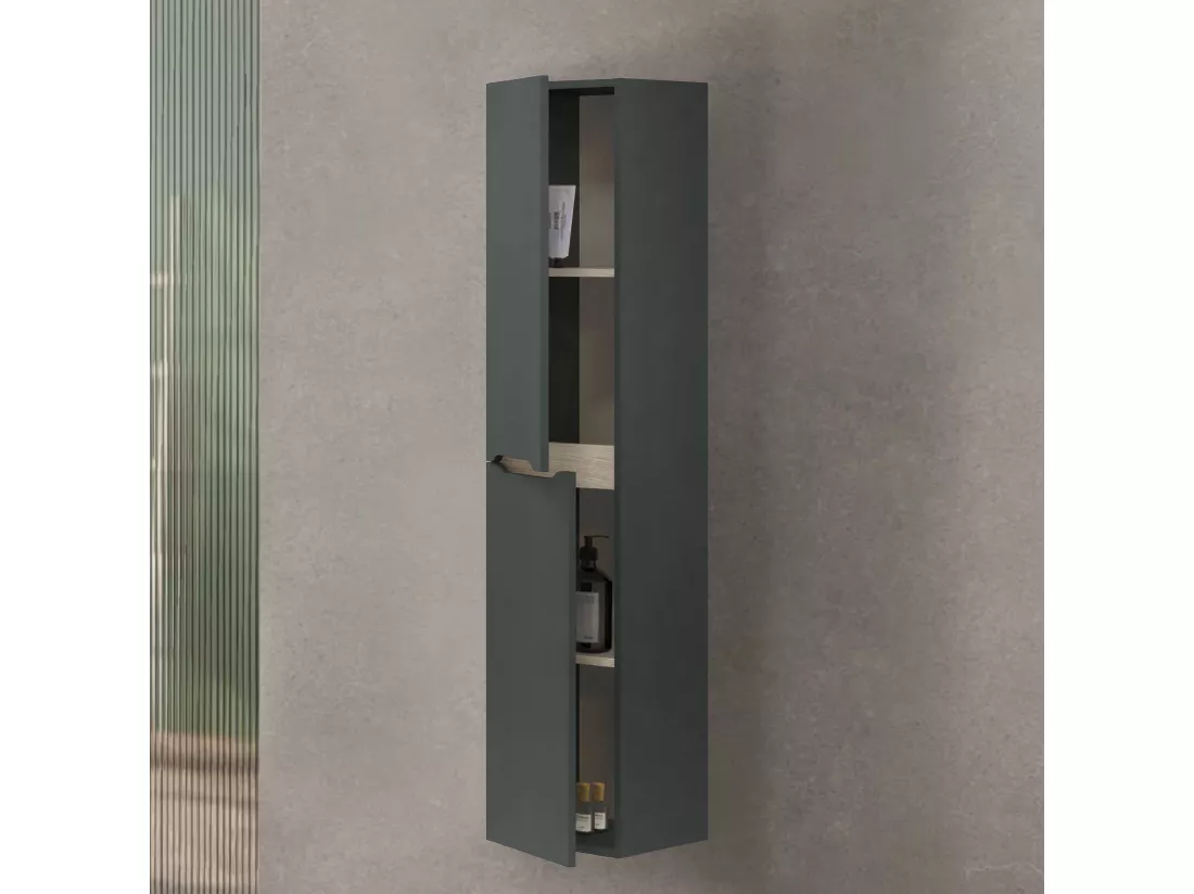 Colonne de salle de bain Williamsburg, Élément mural de salle de bain suspendu avec 2 portes, Armoire haute, 31x26h135 cm, Anthracite et Chêne