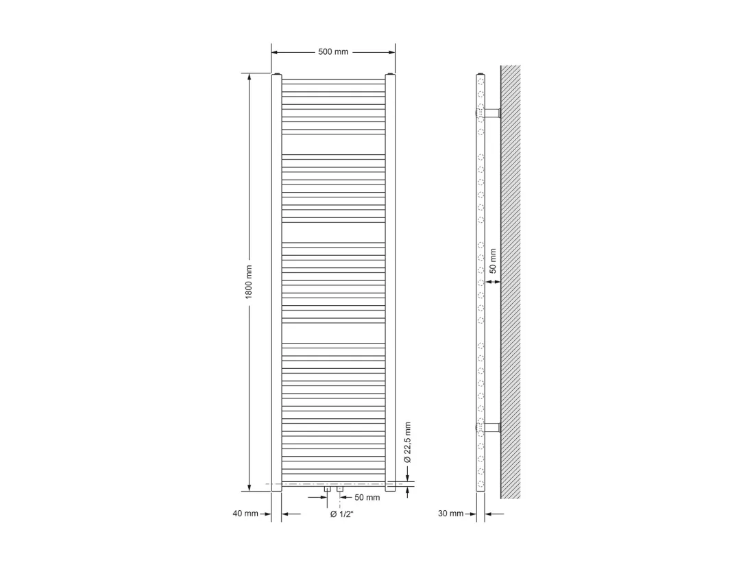 Radiateur Design Sahara Non Electrique, 500 x 1800 mm, Blanc -Connexion Central