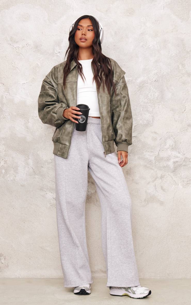 Washed Green Veste Bomber Longue Oversize En Synthétiquecuir Effet Vieilli