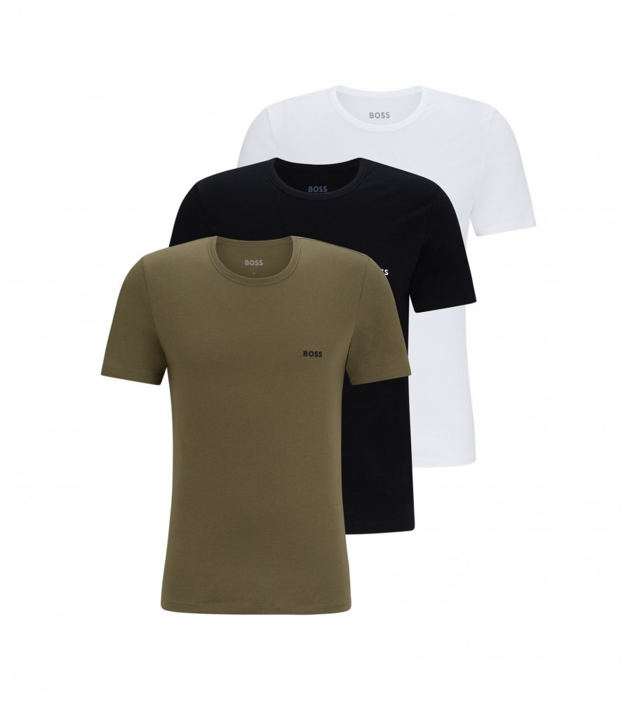 Conjunto de 3 camisetas BOSS nas cores verde, preta e branca.