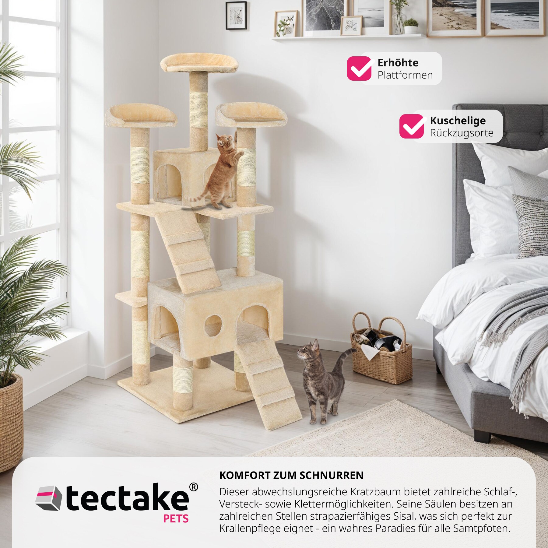 tectake® Kratzbaum, 170 cm, mit 2 Katzenhäusern, inklusive 2 Treppen und Kippschutz