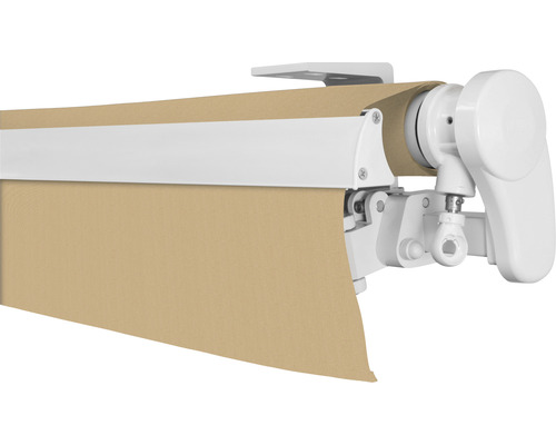 SOLUNA knikarmscherm Proof 2,5x2 Stofdesign 0681 Frame RAL 9010 Zuiver Wit Aandrijving rechts incl. slinger
