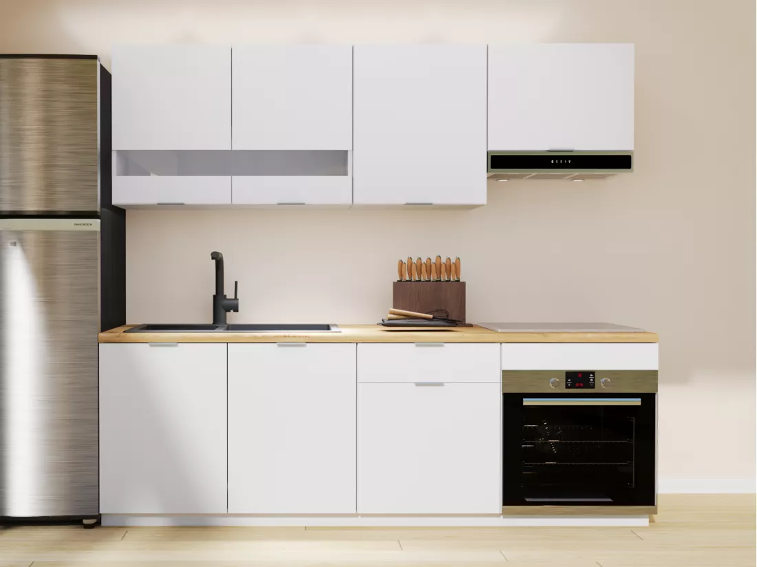 Cuisine complète - Avec plan de travail 200 cm - Blanc et Naturel - CARMEO