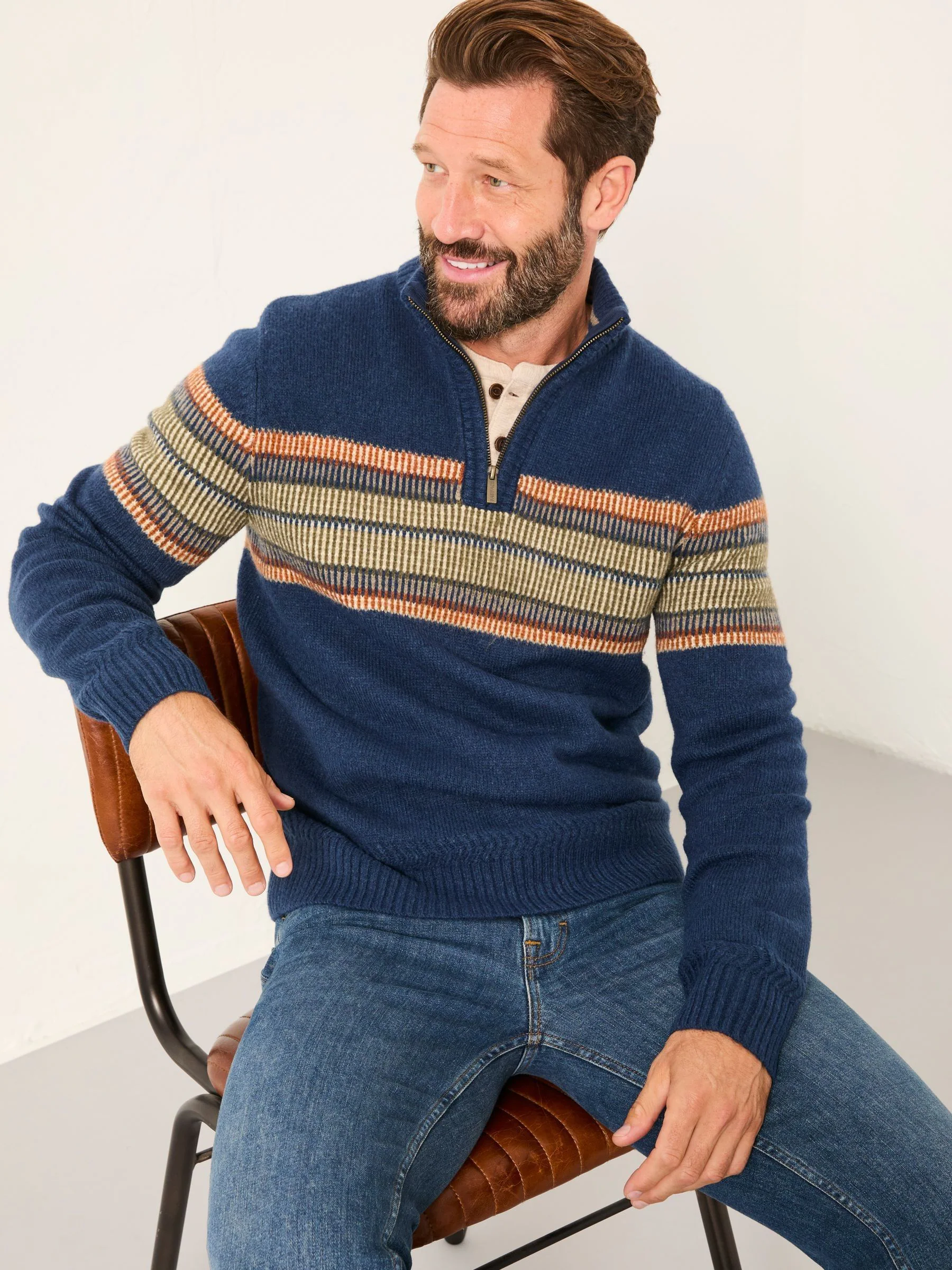 Marineblauw - FatFace Half Zip Neck Knitted Jumper