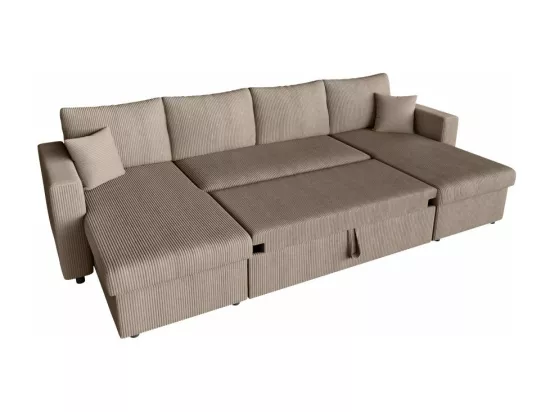 Canapé panoramique 6 places Maria convertible avec 2 coffres en velours côtelé - Taupe - L295 x P146 x H81cm - Loungitude