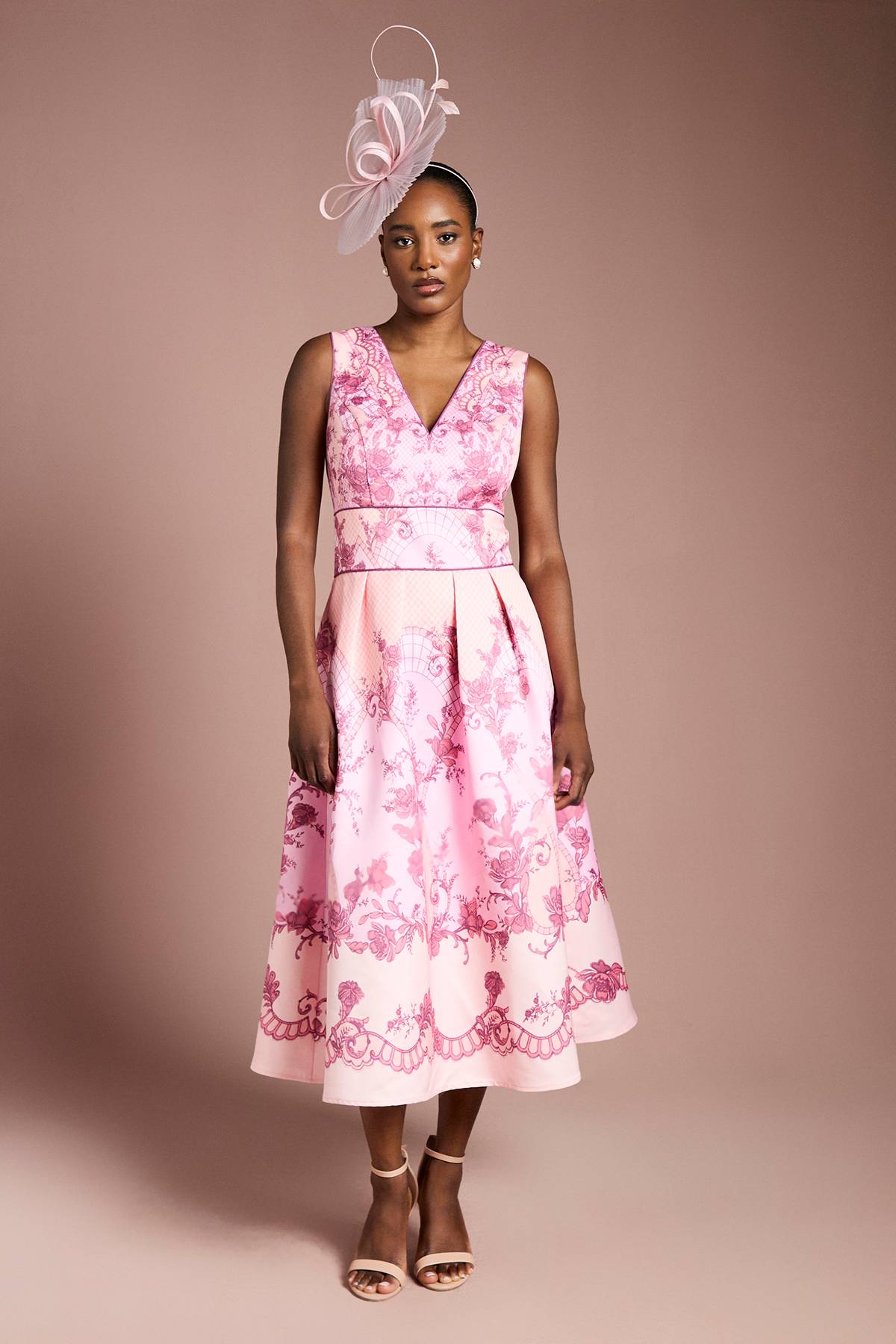 Coast Robe Midi Structurée en Satin à Col V avec Imprimé Placé