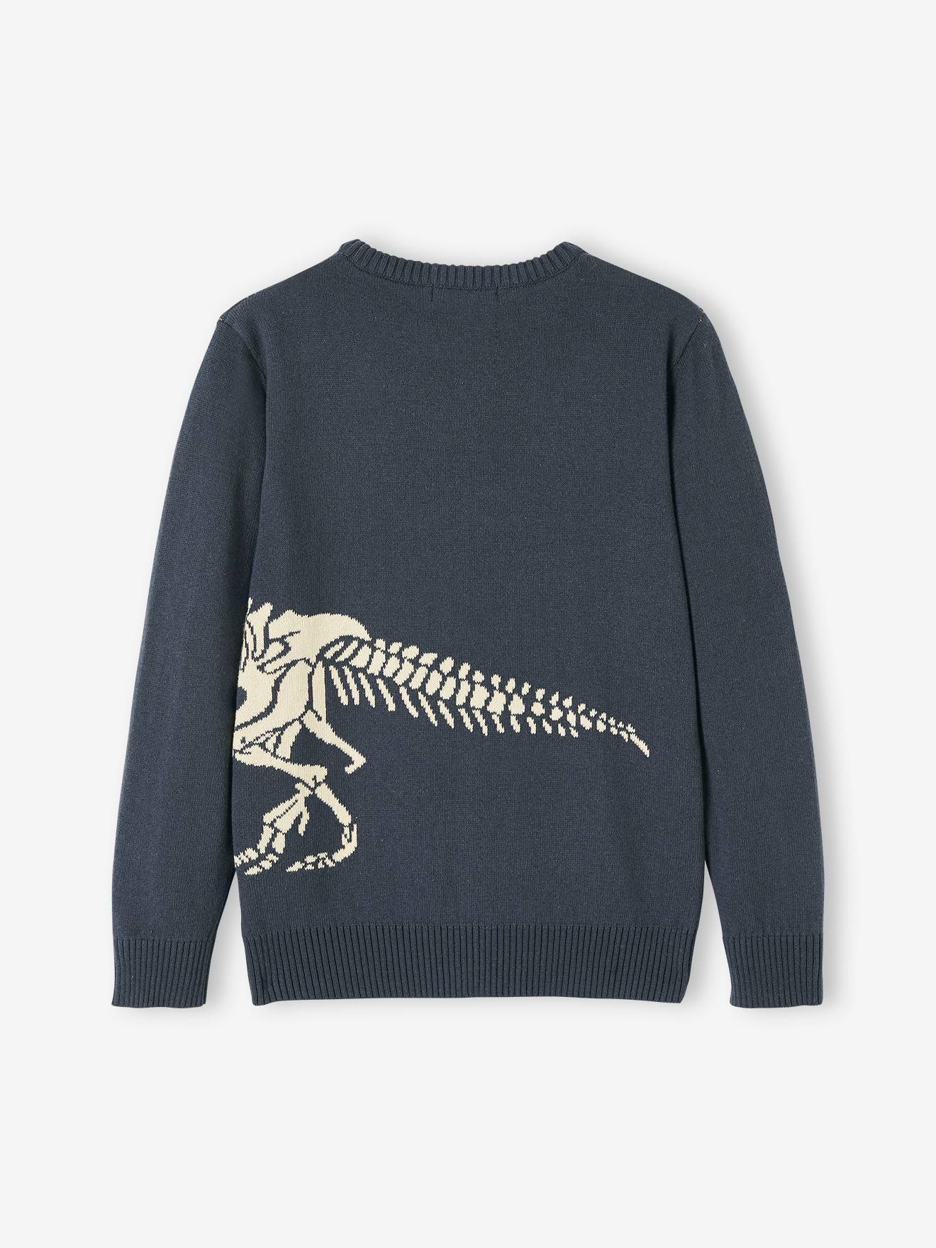Suéter jacquard com dinossauro, para meninos, azul médio liso com estampas.