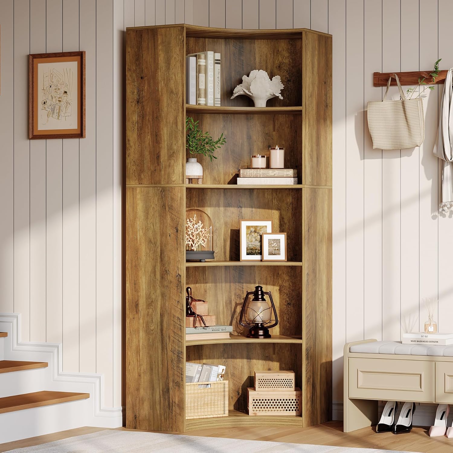 Tribesigns 6-Etagen Eckregal, 180 cm Hohes Bücherregal mit Abgerundeten Ecken, Landhausstil Sideboard für Wohnzimmer, Schlafzimmer, Küche oder Homeoffice (Rustikales Braun)