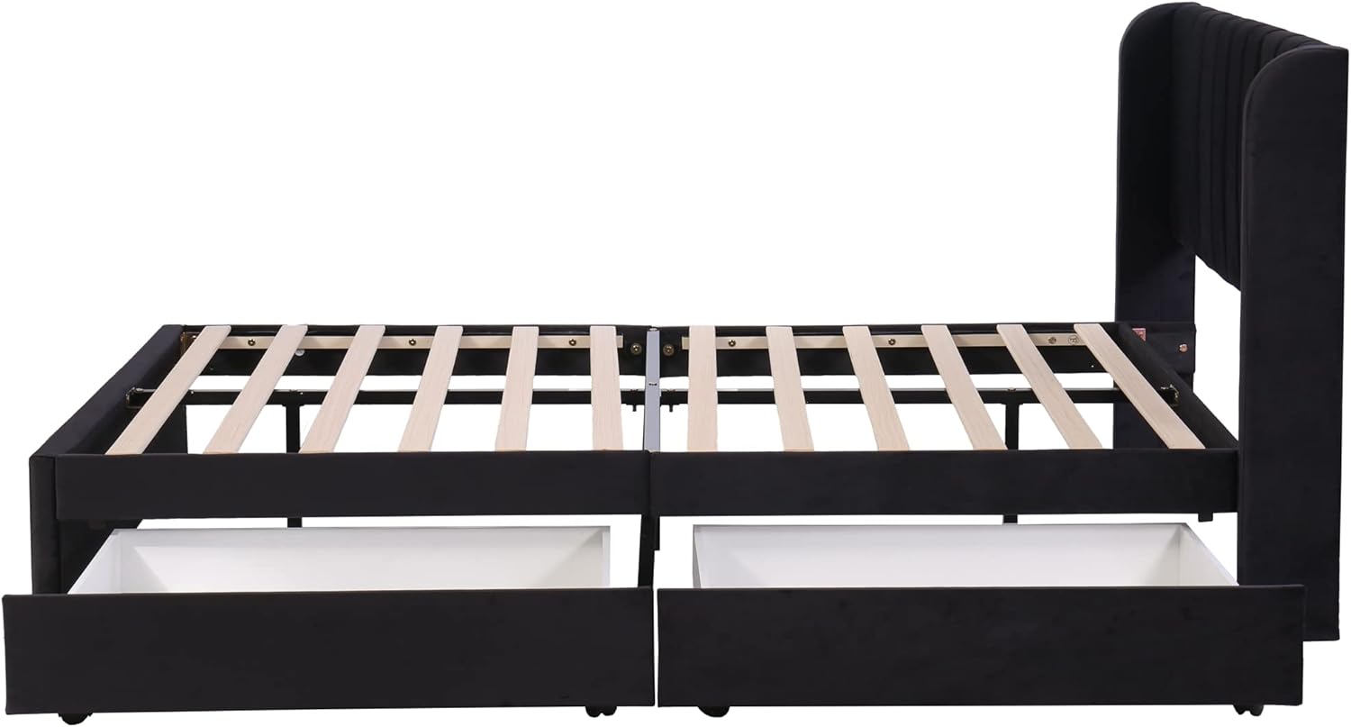 Polsterbett Doppelbett 140x200 cm, Bett mit 2 Stauraum Schubladen und Lattenrost aus Holz, Stauraumbett Bettgestell mit Metallrahmen, Samt, Schwarz (Ohne Matratze)