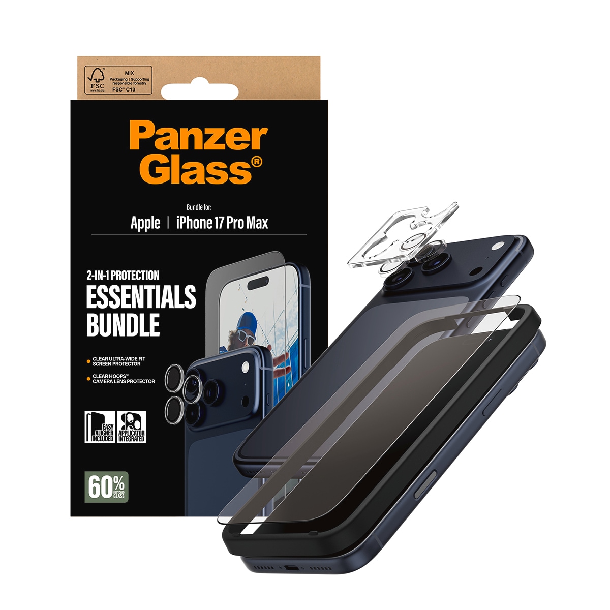 CARE by PanzerGlass Displayschutzglas »2-in-1 Protection Essentials Bundle« für Apple iPhone 17 Pro Max Displayschutzfolie, Schutzfolie, Bildschirmschutz, kratz- & stossfest