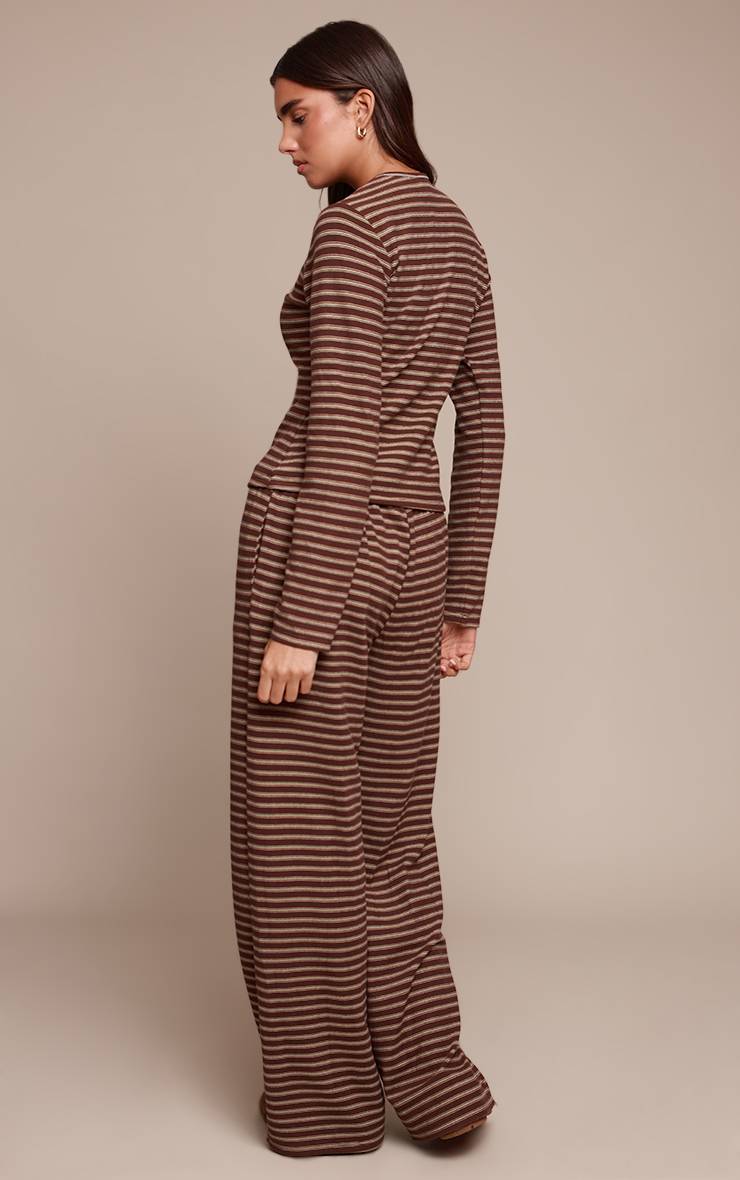Marron Foncé Pantalon Droit Rayé En Polaire Douce