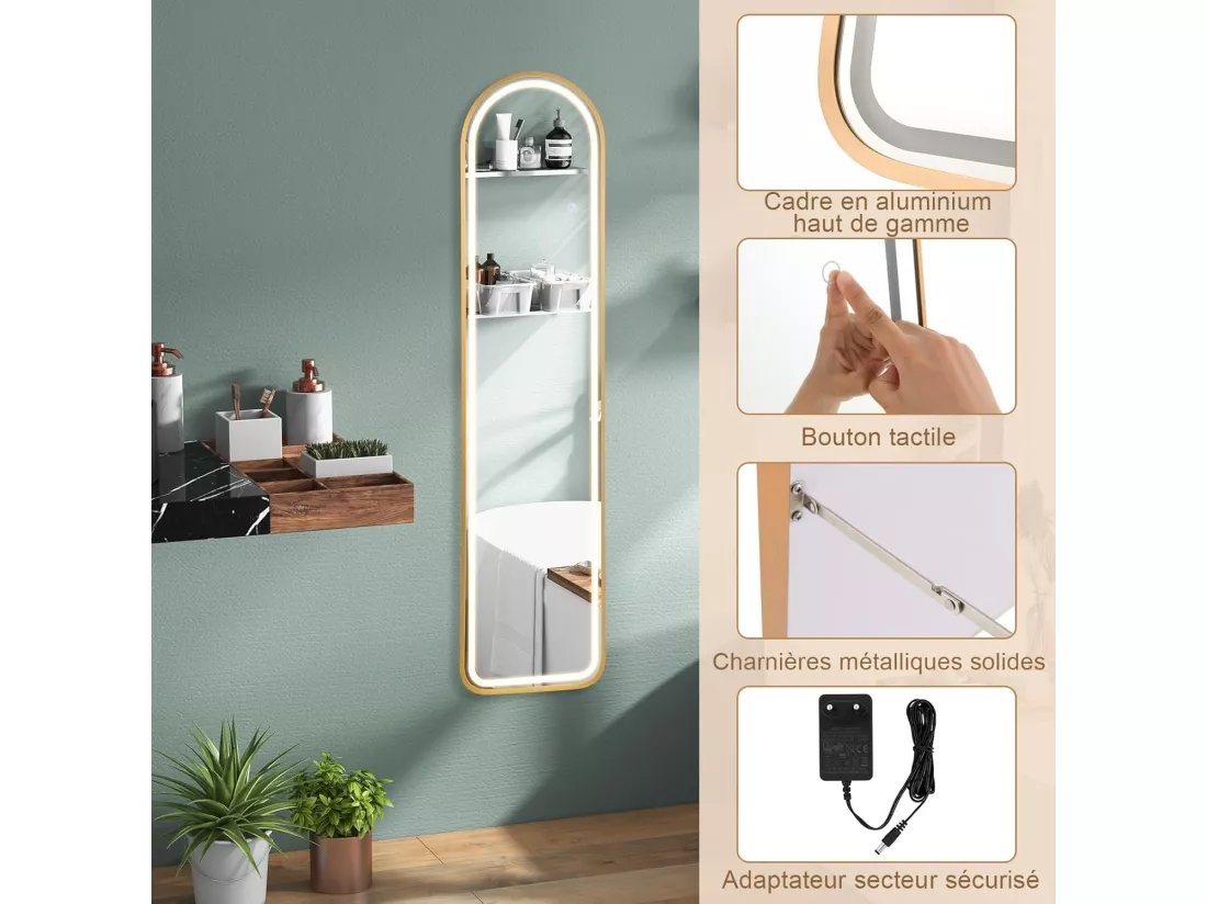 Miroir sur pied rectangulaire avec led, grand miroir 37x155 cm, doré(semi-circulaire)