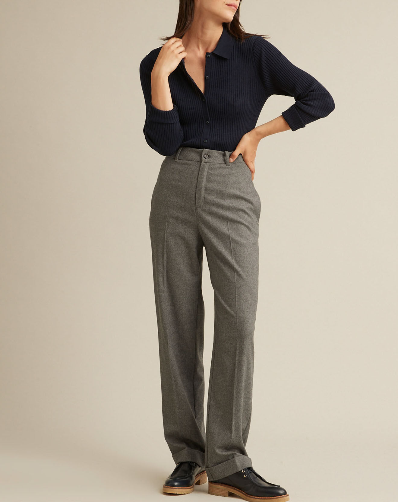 Cyrillus Pantalon large en Flanelle Laine mélangée gris clair chiné