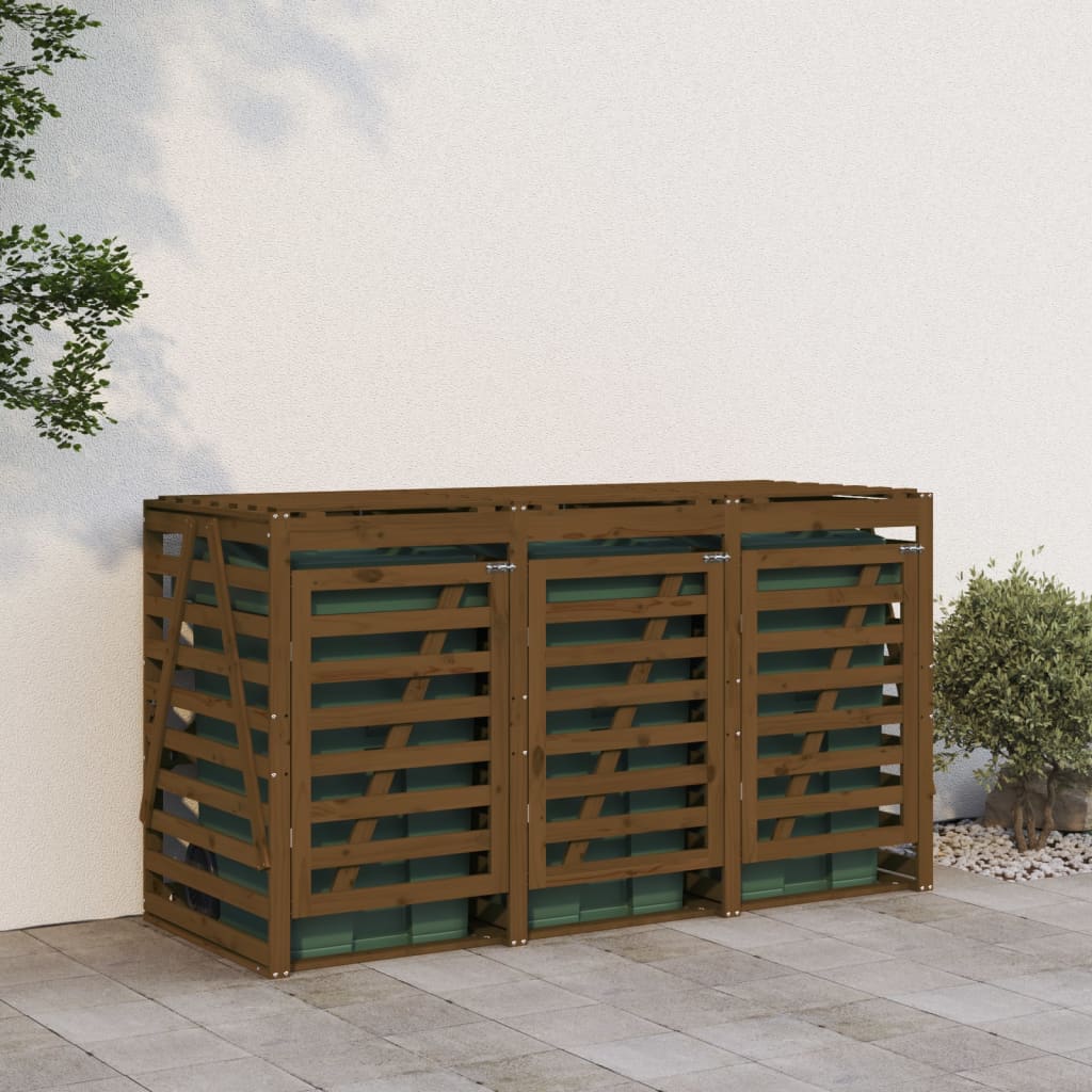 Abri pour poubelle triple sur roulettes marron miel bois pin