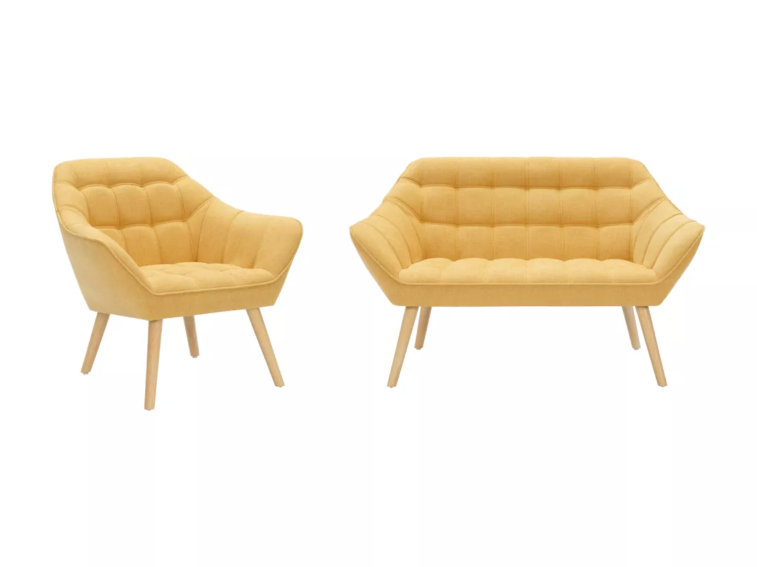 Canapé 2 places et fauteuil en tissu jaune moutarde CASERTA