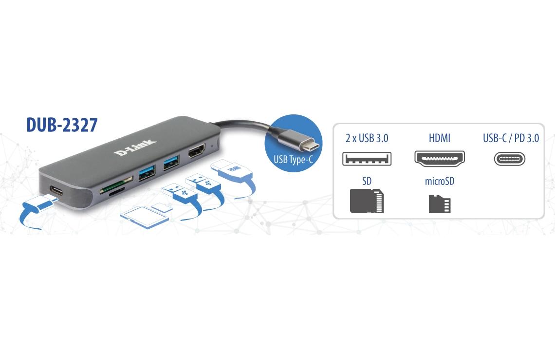 DUB-2327 USB-C Hub USB Typ-A/USB Typ-C6-In-1 USB-C Hub mit HDMI/Kartenleser/USB-C Ladeanschluss