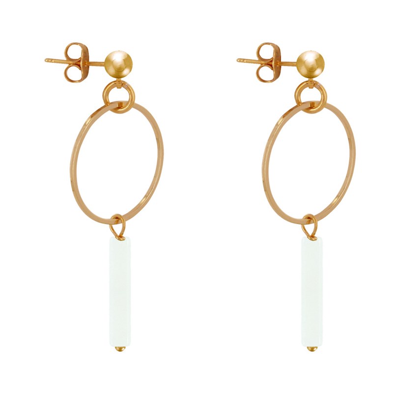 Boucles d'Oreilles Doré Cercle et Perle Rectangulaire Brillante