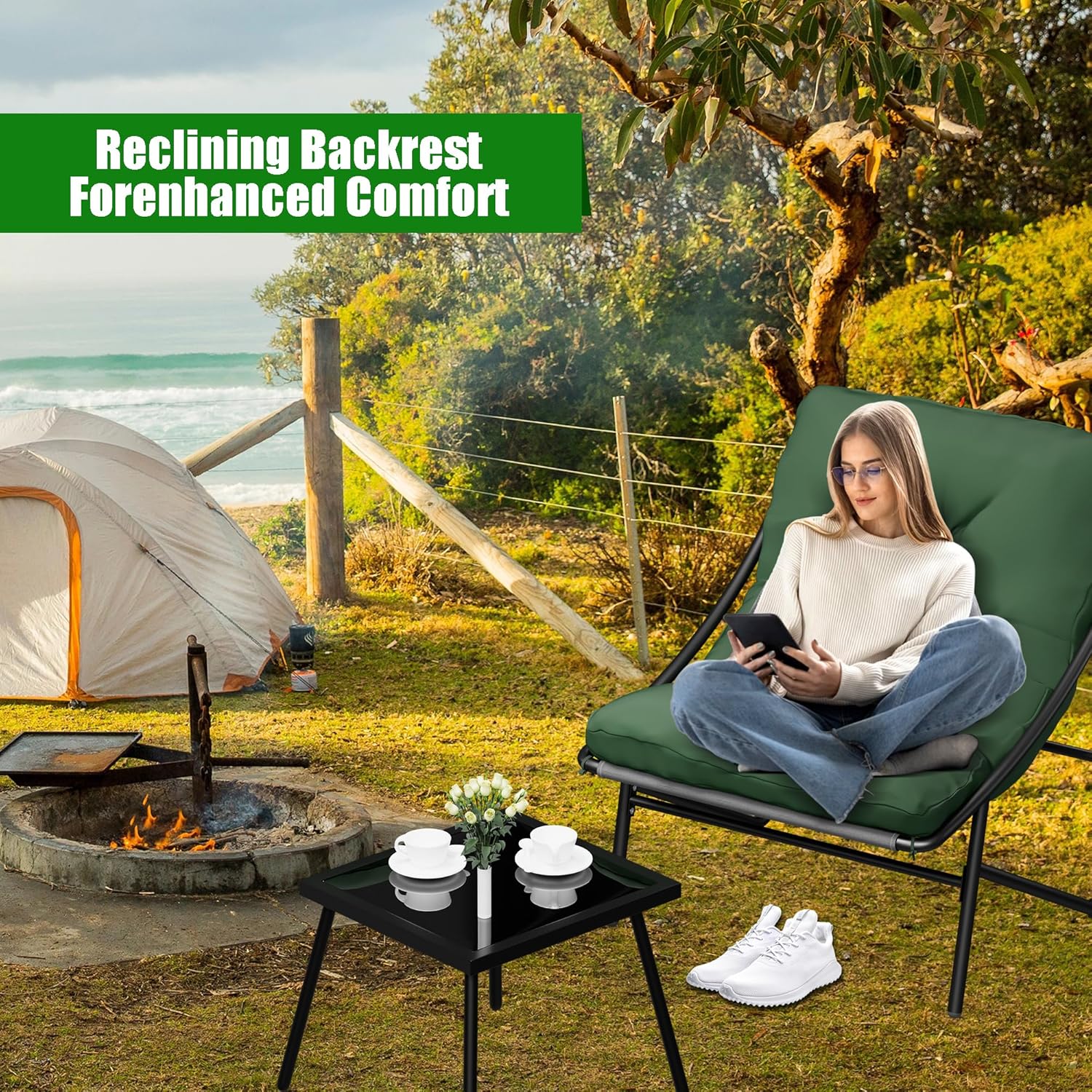 BalkonmöBel Set 3 Teilig, Gartenmöbel Set, Balkonmöbel Kleiner Balkon, Balcony Furniture mit Glastisch & Stahlgestell, Balkon Set 2 Personen, Garden Furniture Sets für Hof, Terrasse, Innen (Grün)