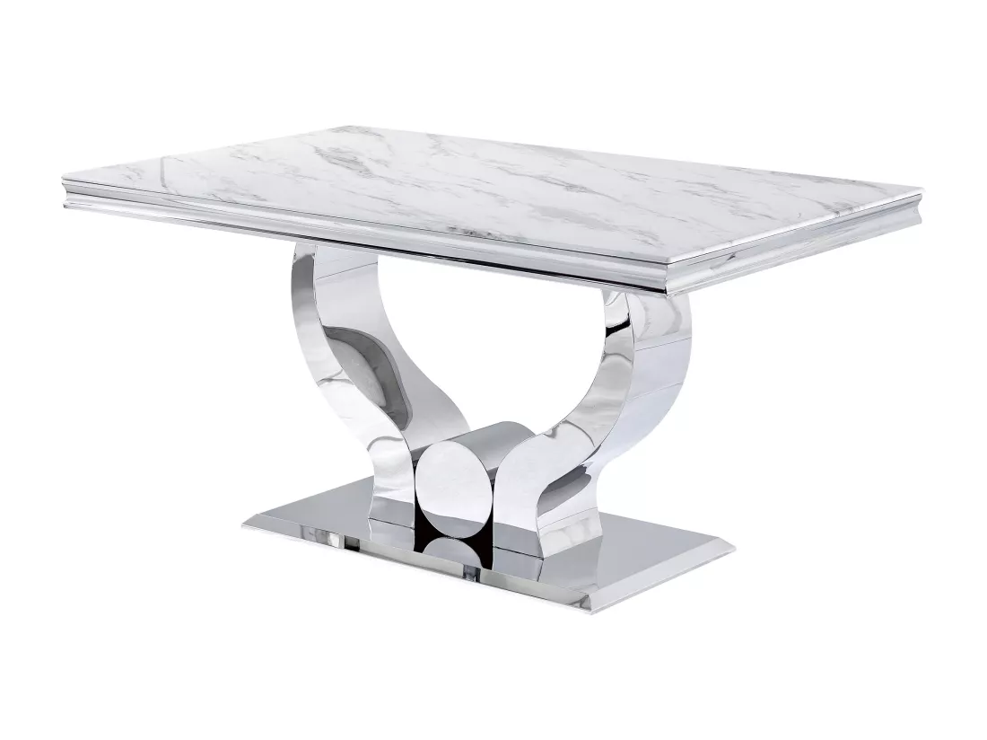 Table à manger trofy 4 à 6 personnes verre effet marbre blanc 150x90x75cm