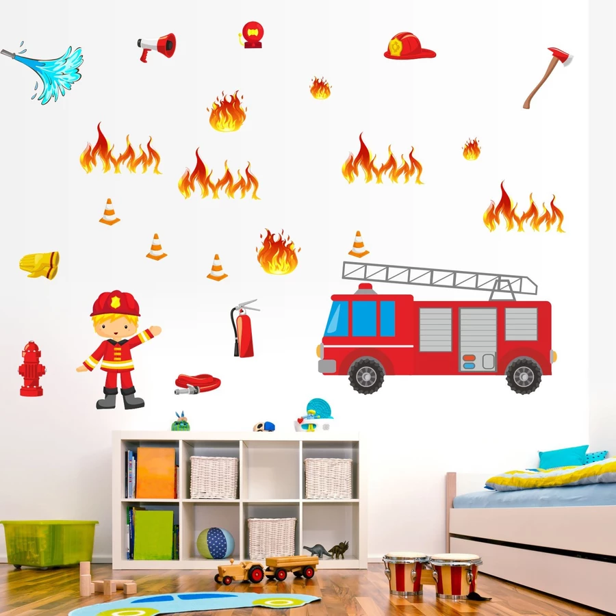 Nikima Wandtattoo 007 Wandtattoo Feuerwehrauto Feuerwehrmann Schlauch Wasser Brand löschen rot
