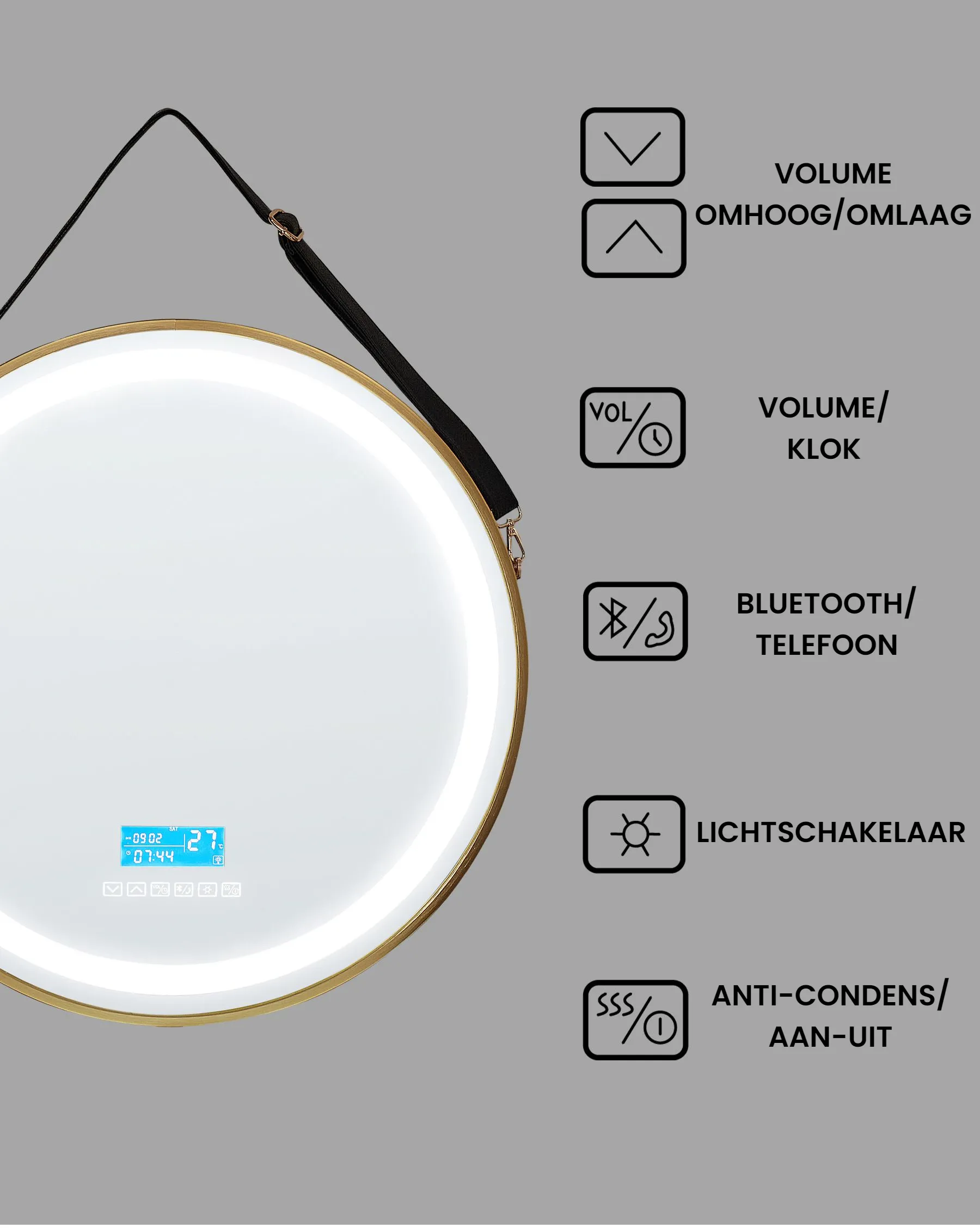 LED badkamerspiegel DAROIS 60 cm 60 cm met ingebouwde Bluetooth speaker Goud