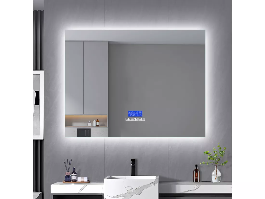 Miroir de salle de bain rond lumineux 80x100 cm,avec haut-parleur Bluetooth, avec affichage de la température et fonction désembueur, avec éclairage LED, réglage à six boutons, avec interrupteur tactile